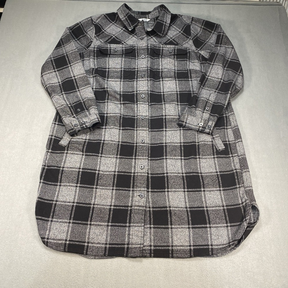 Duluth Women's XL Folklore Button Down Duster Black Gray Plaid Back Pleat